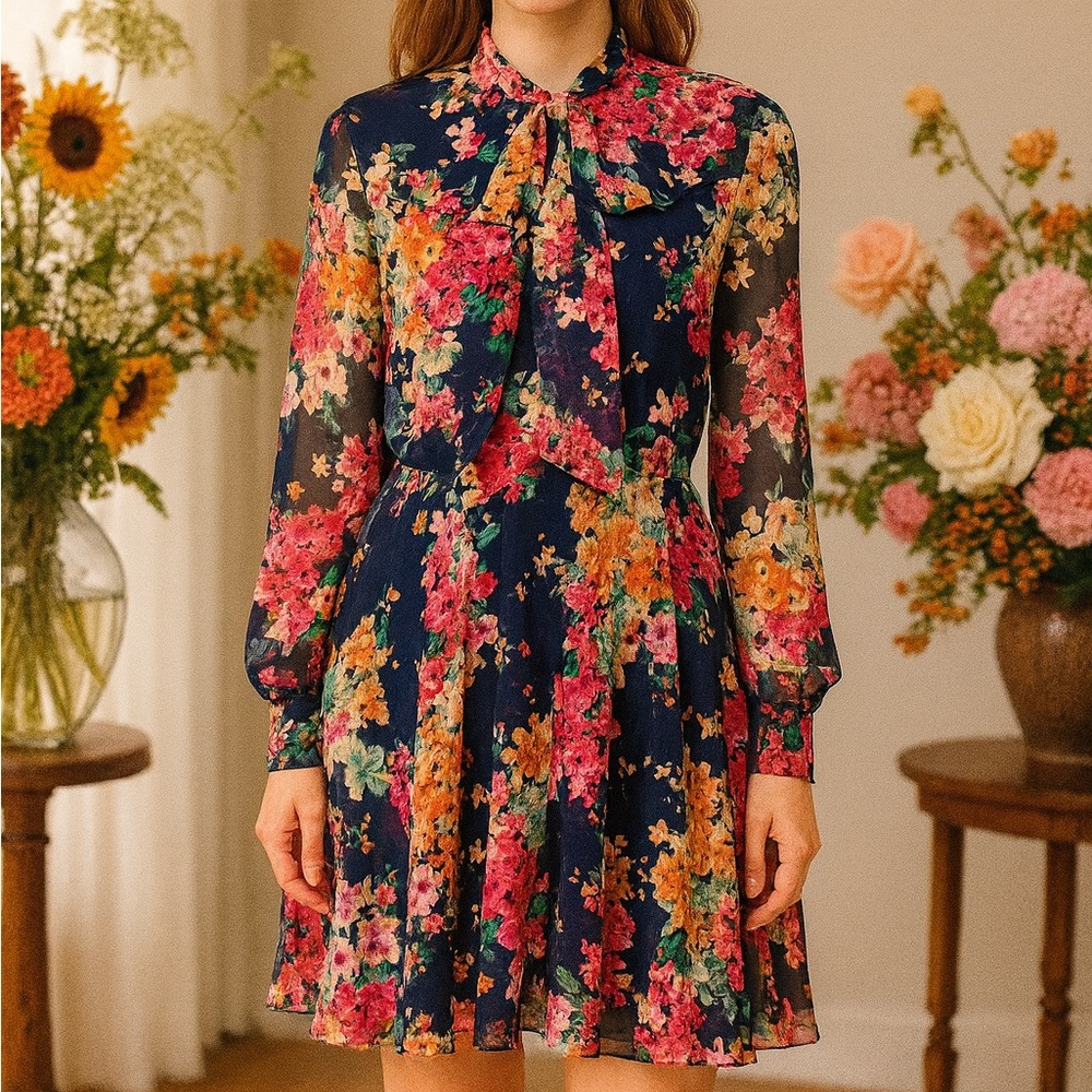 JayGodfrey Navy Pink Floral Jill Tie Neck Lined  Dress Size XS